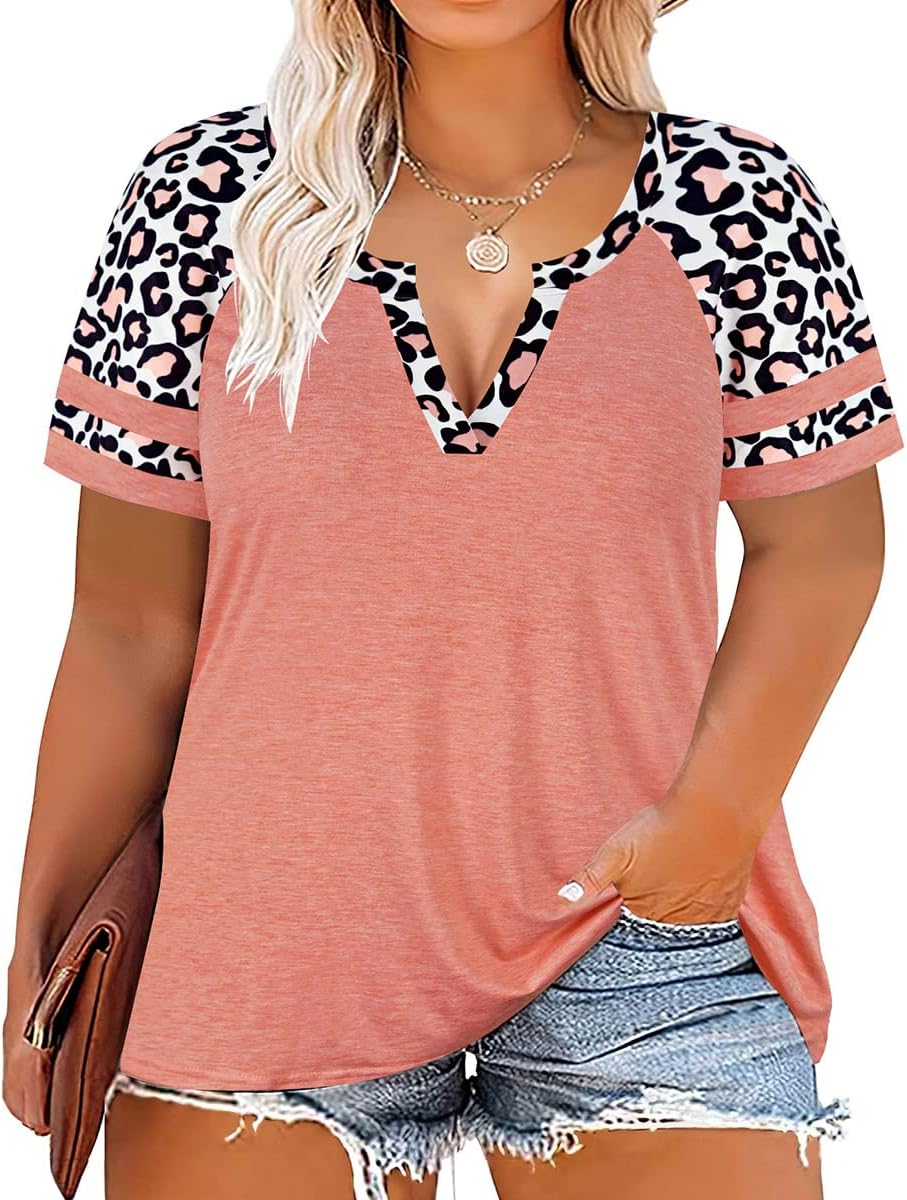 CARCOS Plus Size Tops for Women Short Sleeve Summer Pullover Color Block Crewneck/V Neck Tee Tunic Loose Fit Tshirts XL-5XL