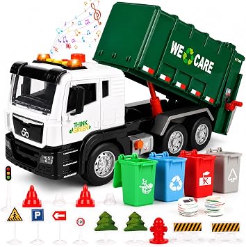 BunnyJOY Camion de Voirie Interactif avec Pompe à Air, 4 Poubelles et Panneaux