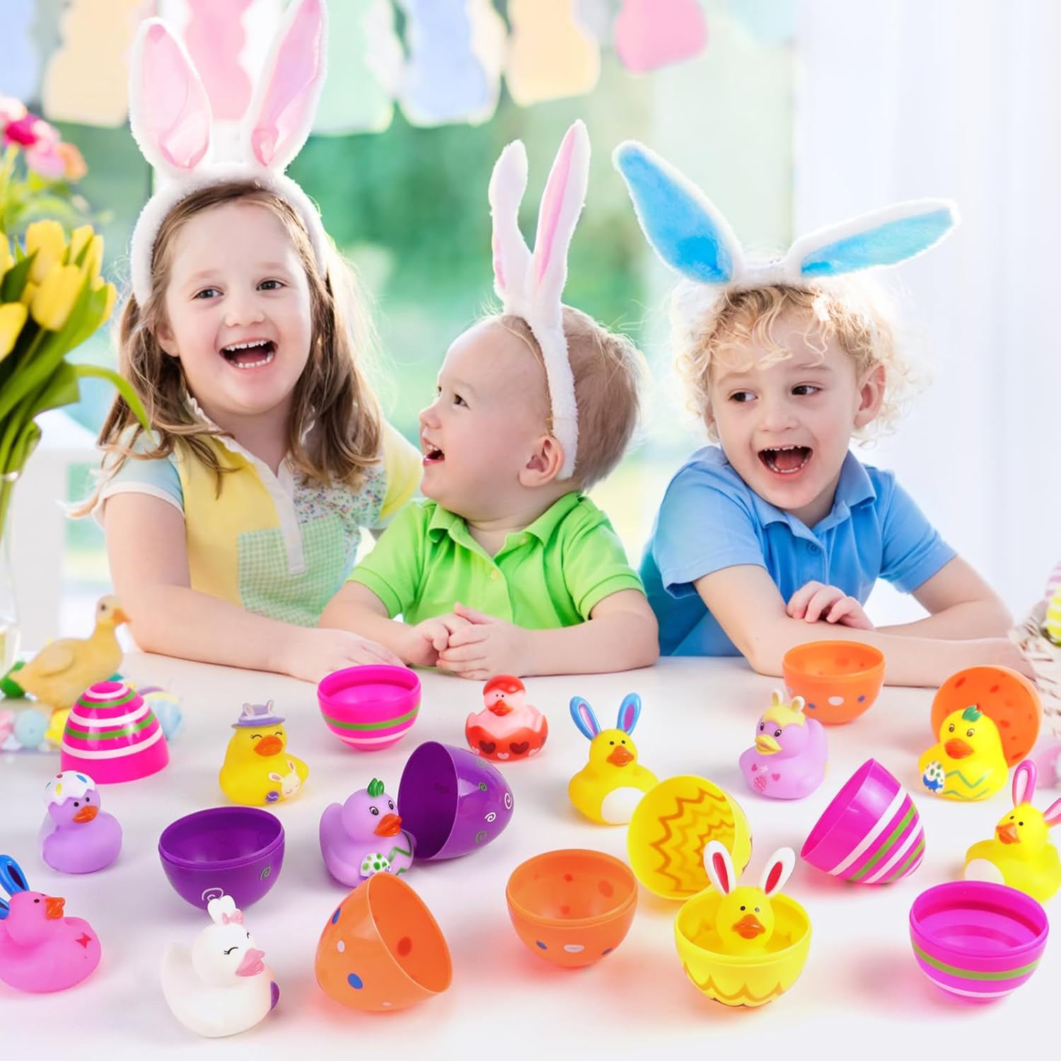 24pcs Prefilled Easter Eggs with Toys, Printed Plastic Easter Eggs with Rubber Ducks Bunny Ear Rabbit Eggshell Rubber Duckies, Easter Basket Stuffers Egg Hunt Gifts for Kids