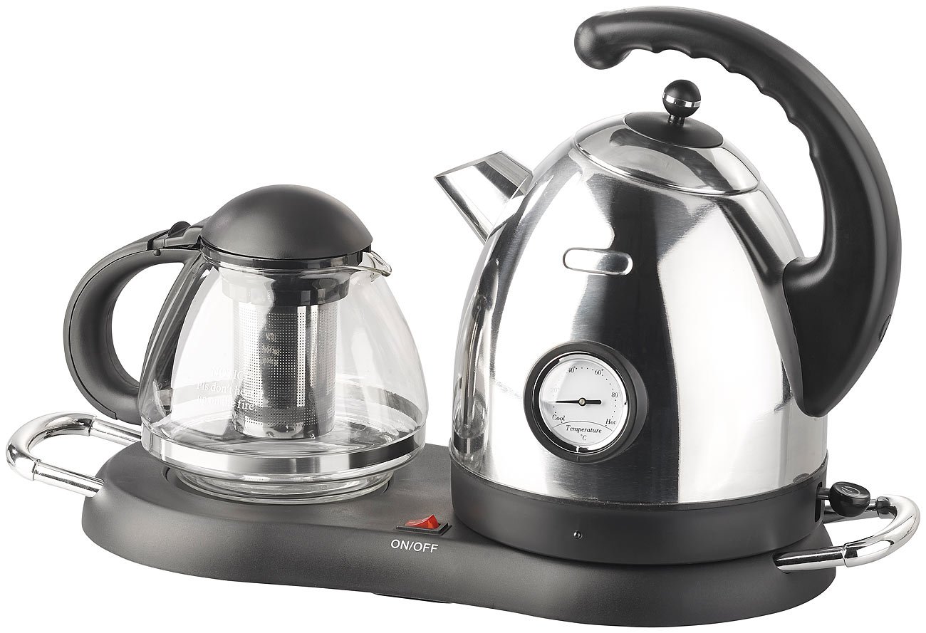 Rosenstein & Söhne Teekanne elektrisch: Edelstahl-Wasserkocher WSK-300.set mit Teekanne (Tee Bereiter, Teestation mit Wasserkocher, als)
