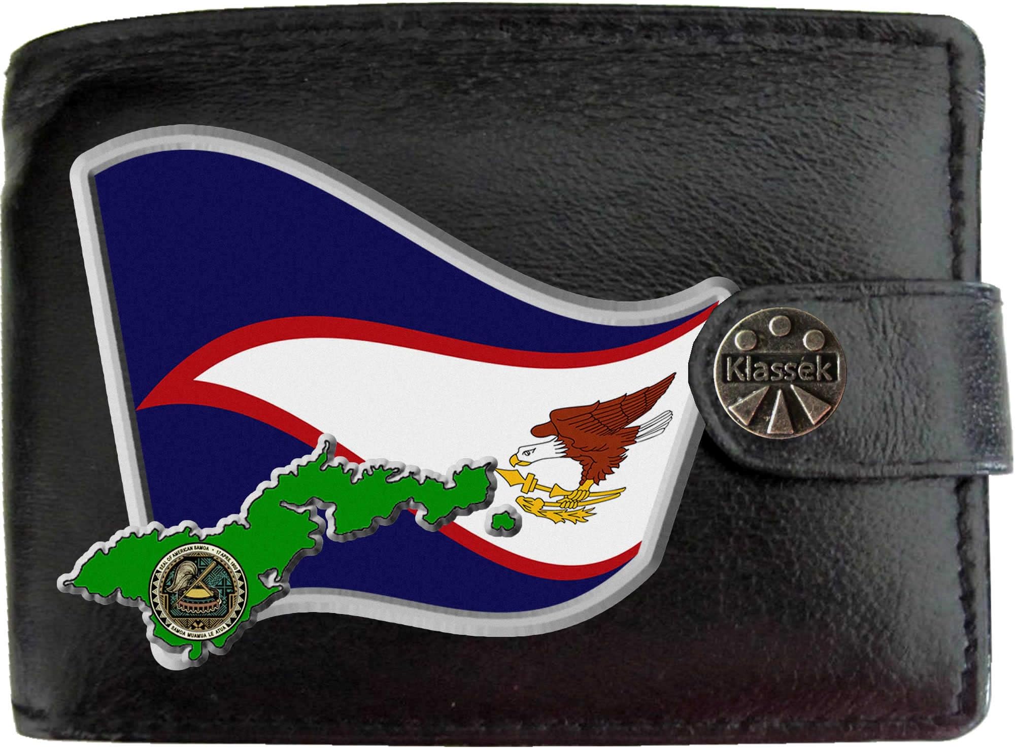 Klassek American Samoa Flag Samoan Map and Coat of Arms COA Mens Wallet Real Black Leather RFID Blocking with Coin Pocket and Metal Gift Box