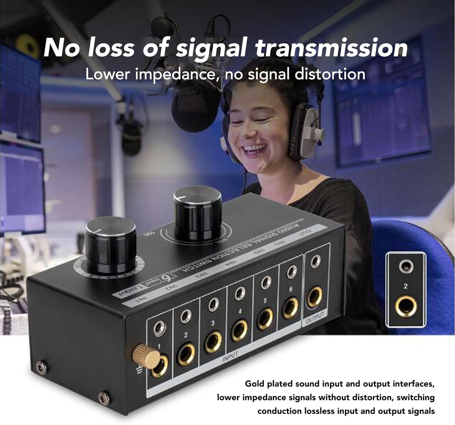 6 Way Sound Switcher, 6 Input 1 Output Sound Switcher Volume Control 3.5mm 6.35mm Sound Signal Selector