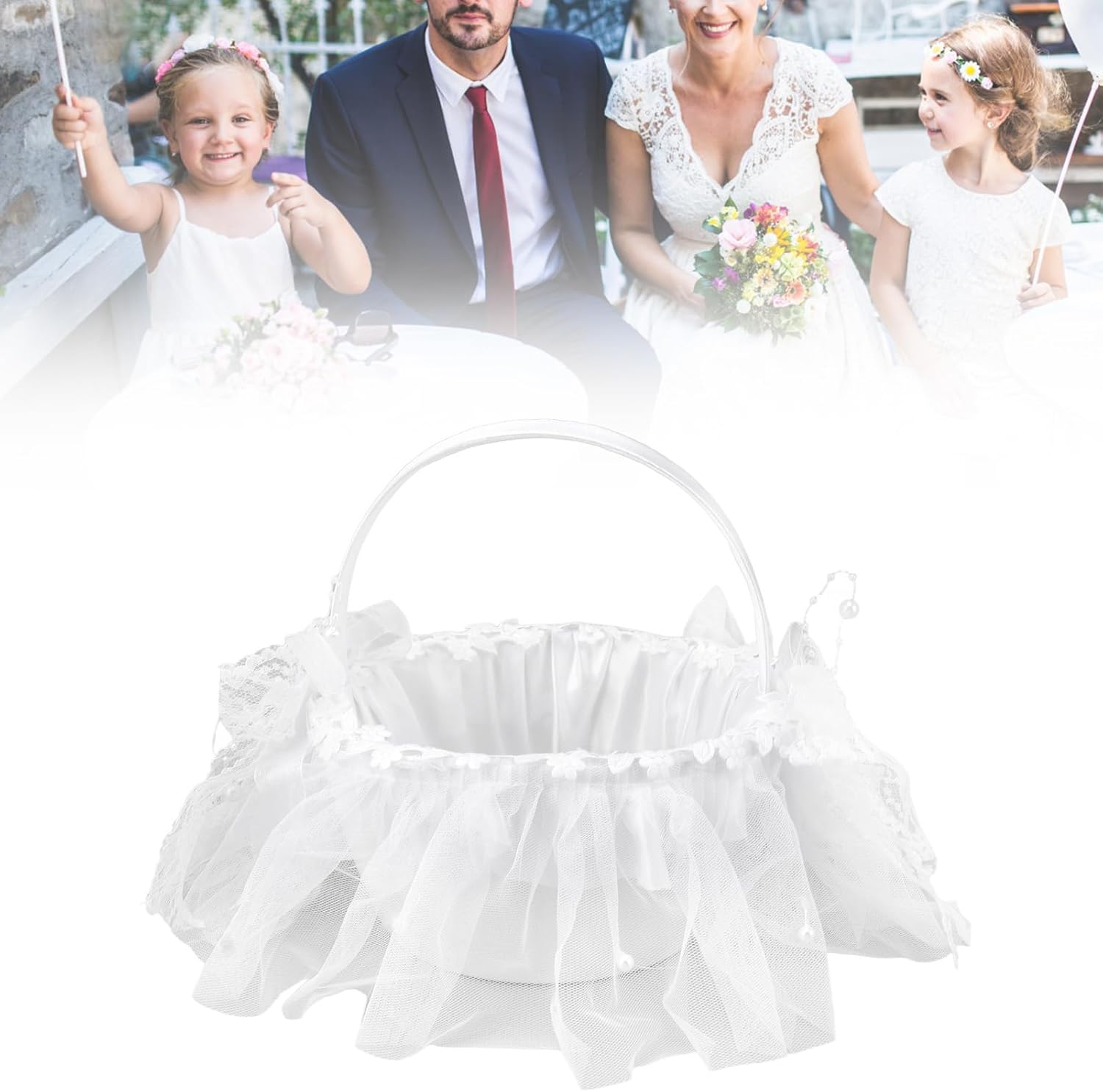 Lace Wedding Flower Girl Basket, Flower Girl Basket Ceremony Supplies White Lace Classic Gift Ceremony Supplies for Rose Petals