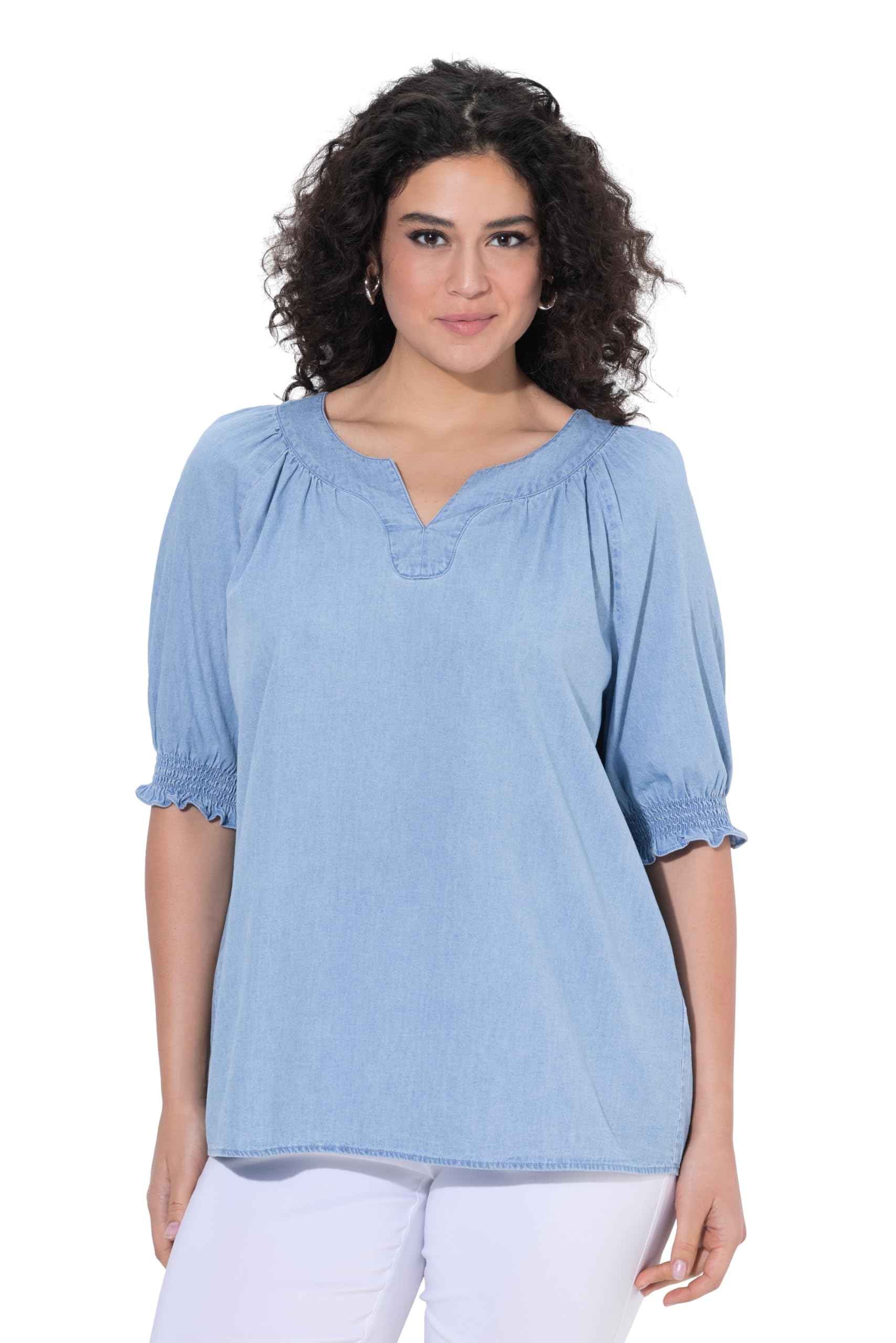 Ulla Popken Blusa, Aspecto Vaquero, Cuello de túnica, Media Manga 824010
