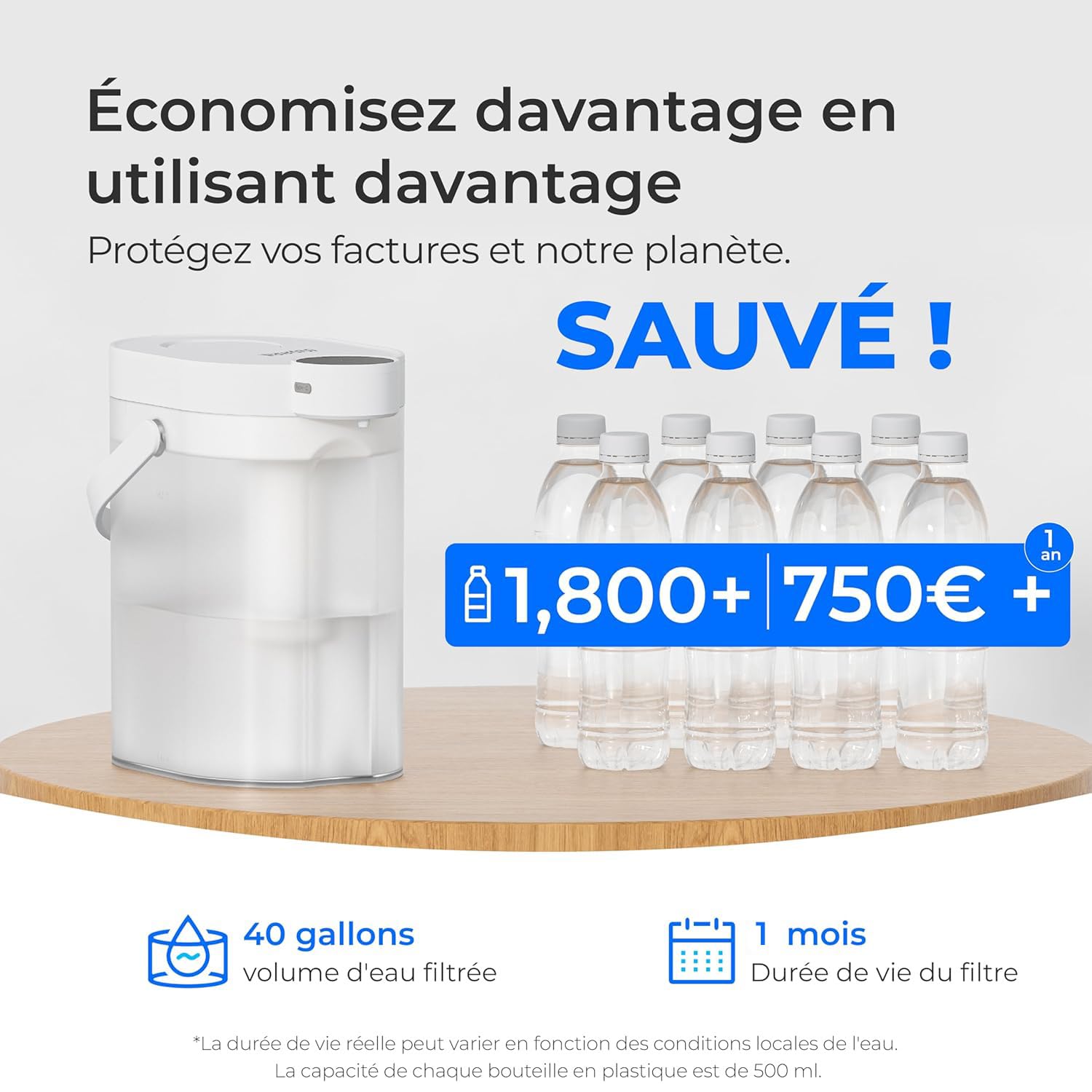 Waterdrop FreshTaste 𝐀𝐝𝐨𝐮𝐜𝐢𝐫 𝐥'𝐄𝐚𝐮 Carafe Filtrante Électrique, Distributeur de Filtre à Eau Instantané 4L pour Réfrigérateur, Réduit Chlore, Plomb, Cuivre, Purifie, Blanc (Filtre: WD-EWFS)