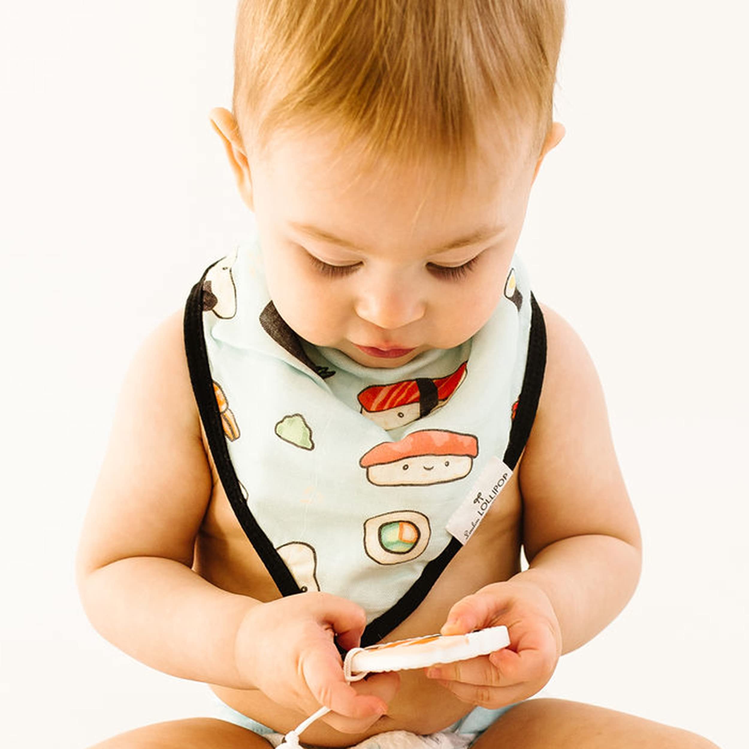 Loulou Lollipop Muslin Bandana Bib Drool Bib Set for Baby Girl and Boy Adjustable 3 to 36 Months, 2 Pack - Taco/Sushi - Image 4