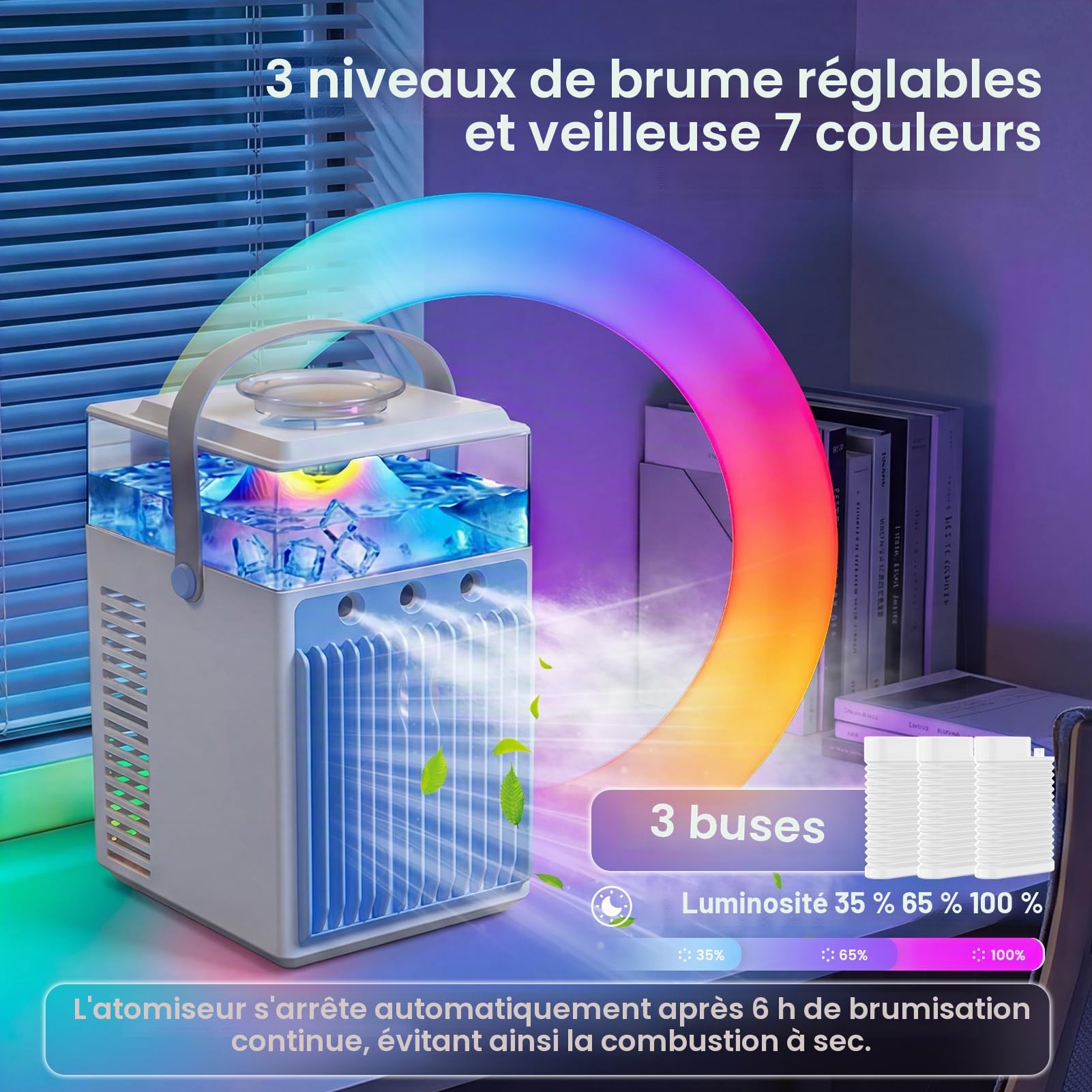 Mini Climatiseur Mobile 5 en 1, Ventilateur Portable, Ventilateur Climatiseur avec 3 Vitesses et 3 Modes Brumisation, Contrôle APP, Climatiseurs Sans Évacuation pour Chambre Voiture, 6 Glaçons