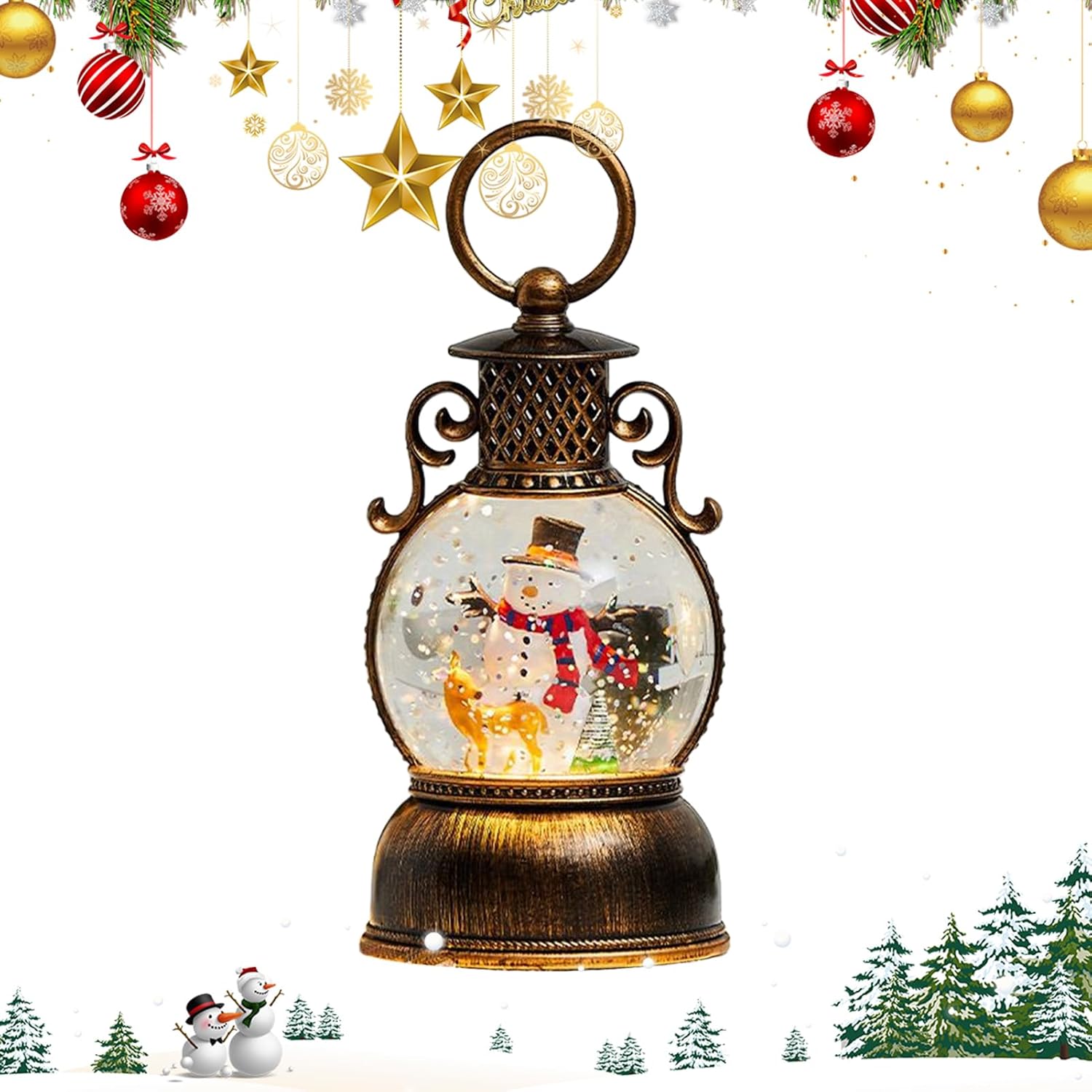 Christmas Musical Snowing Lantern With 6h Timer ABS Rotating Function Christmas Snow Globe Lantern Rotating Glittering Water Lanterns Battery Powered/USB Charging Santa Tree Scene Home Decor