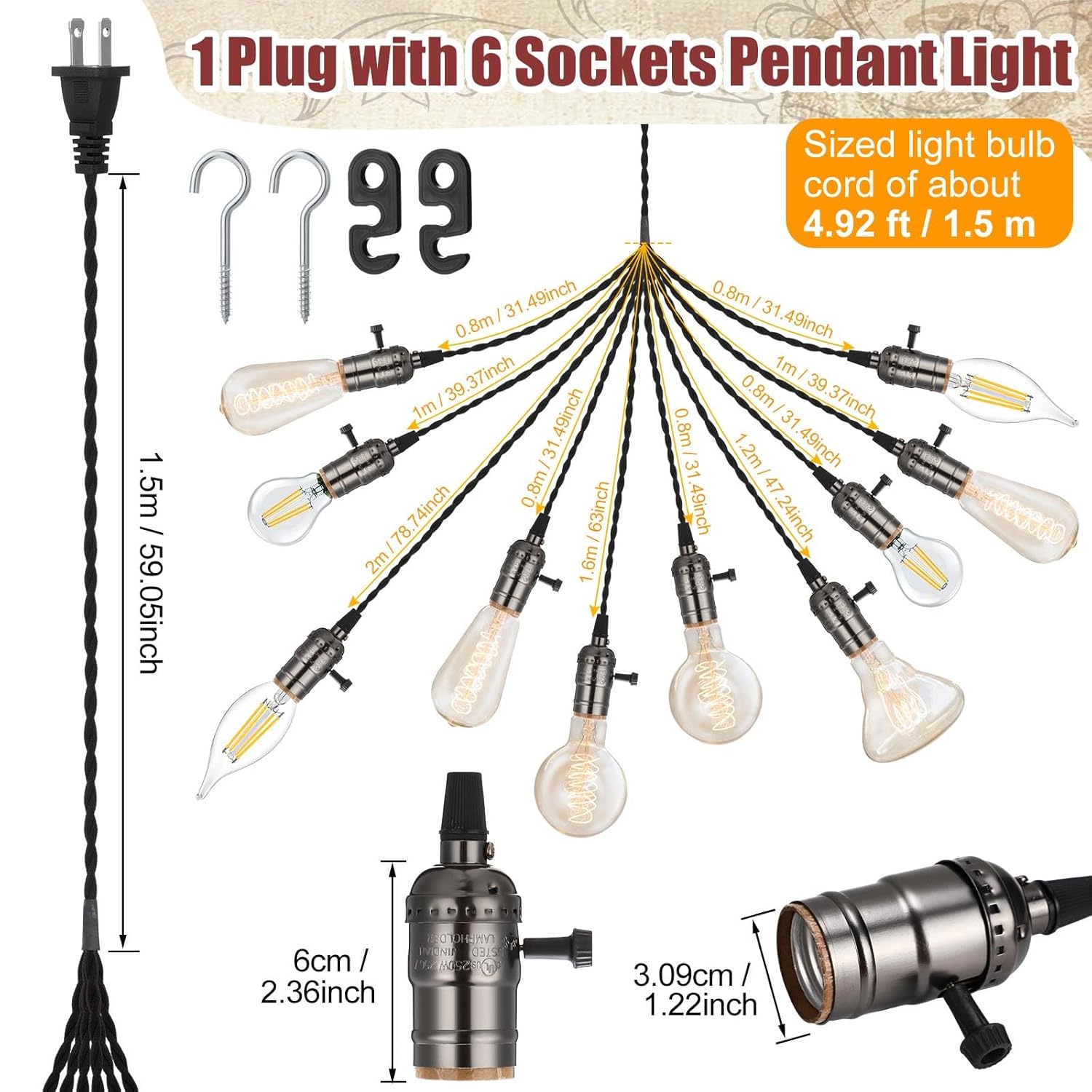 1 Pcs Vintage Pendant Light Sockets Light Cord Kit with Switches DIY Bulb Socket with Cord for E26 E27 Lamp Socket Lantern Bedroom Living Room Decor (1 Plug with 10 Sockets,Black)