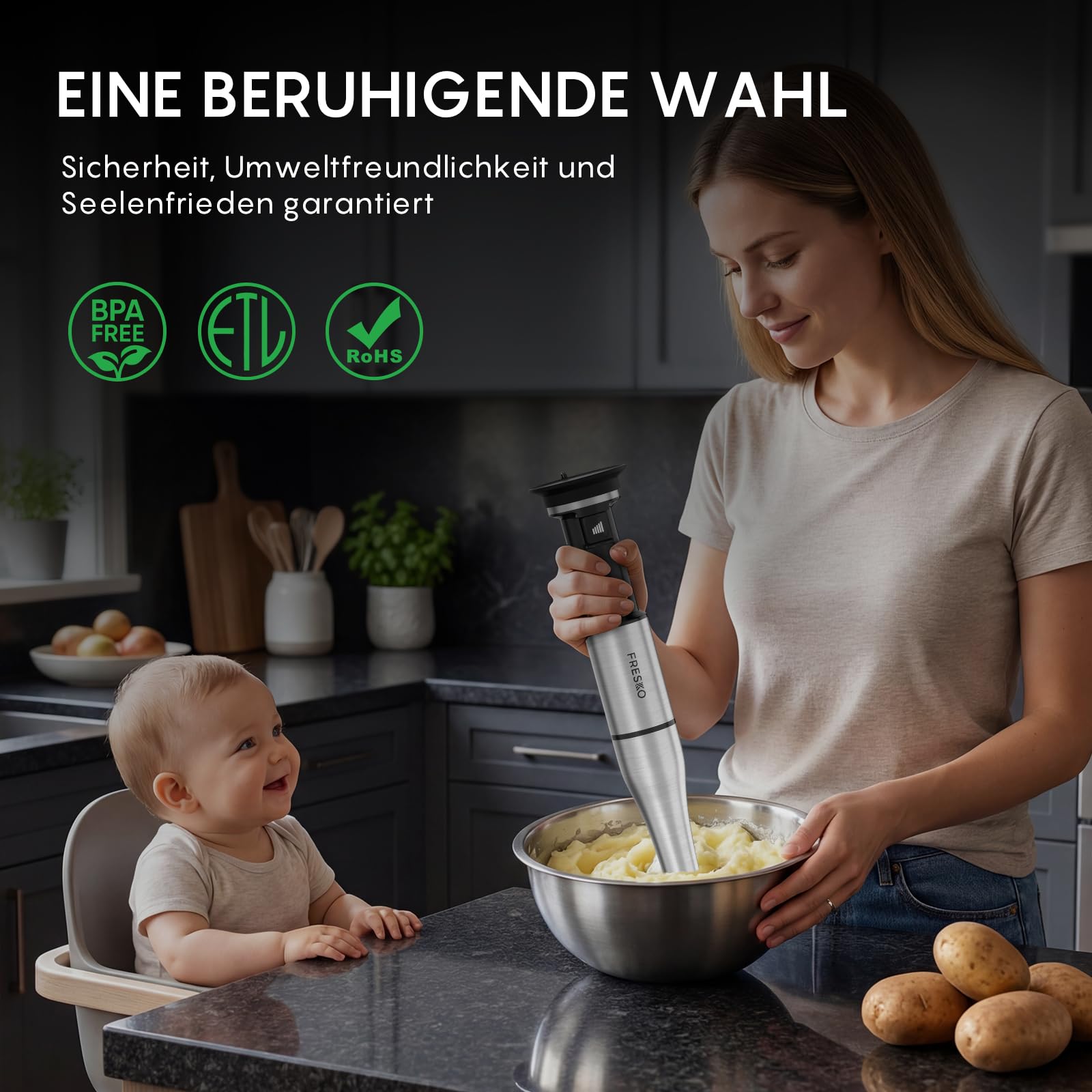 FRESKO Stabmixer 1000W mit Zubehör-Set, Stufenlose Geschwindigkeitsregelung | Pürierstab Edelstahl, Schneebesen inkl., 500ml Lebensmittelhacker, Messbecher mit Deckel & Schutzhülle