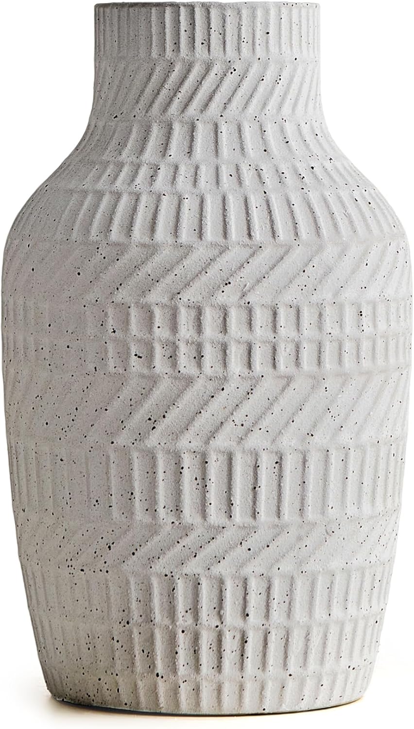 Boho White Ceramic Vase, 8.7" Matte Textured Flower Vase for Home Decor, Minimalist Table Centerpiece for Living Room, Office, Bedroom (Matte White Vase)