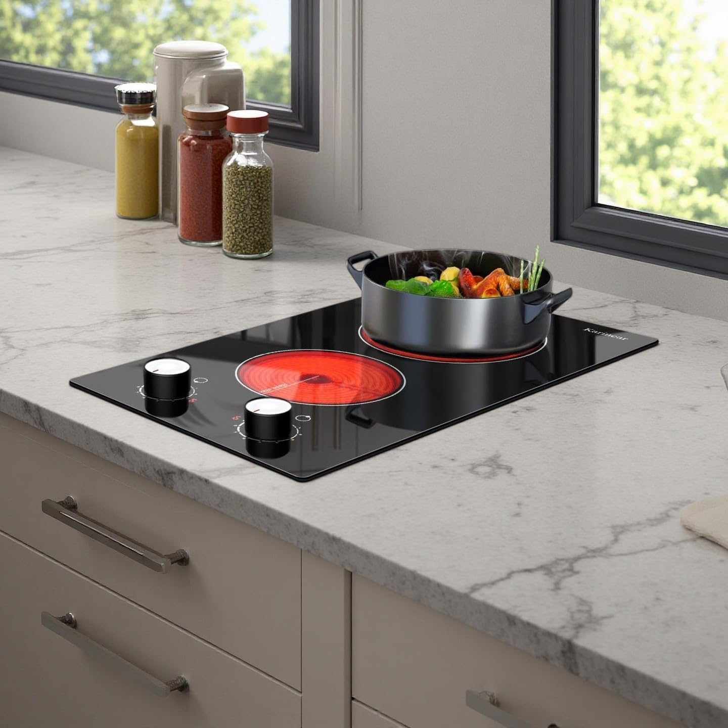 Electric Cooktop 2 Burners Electric Stove 12 Inch Ceramic Cooktop Knob Control Countertop & Built-in 9 Heating Level, Hot Warning, 110V With Plug White Knob