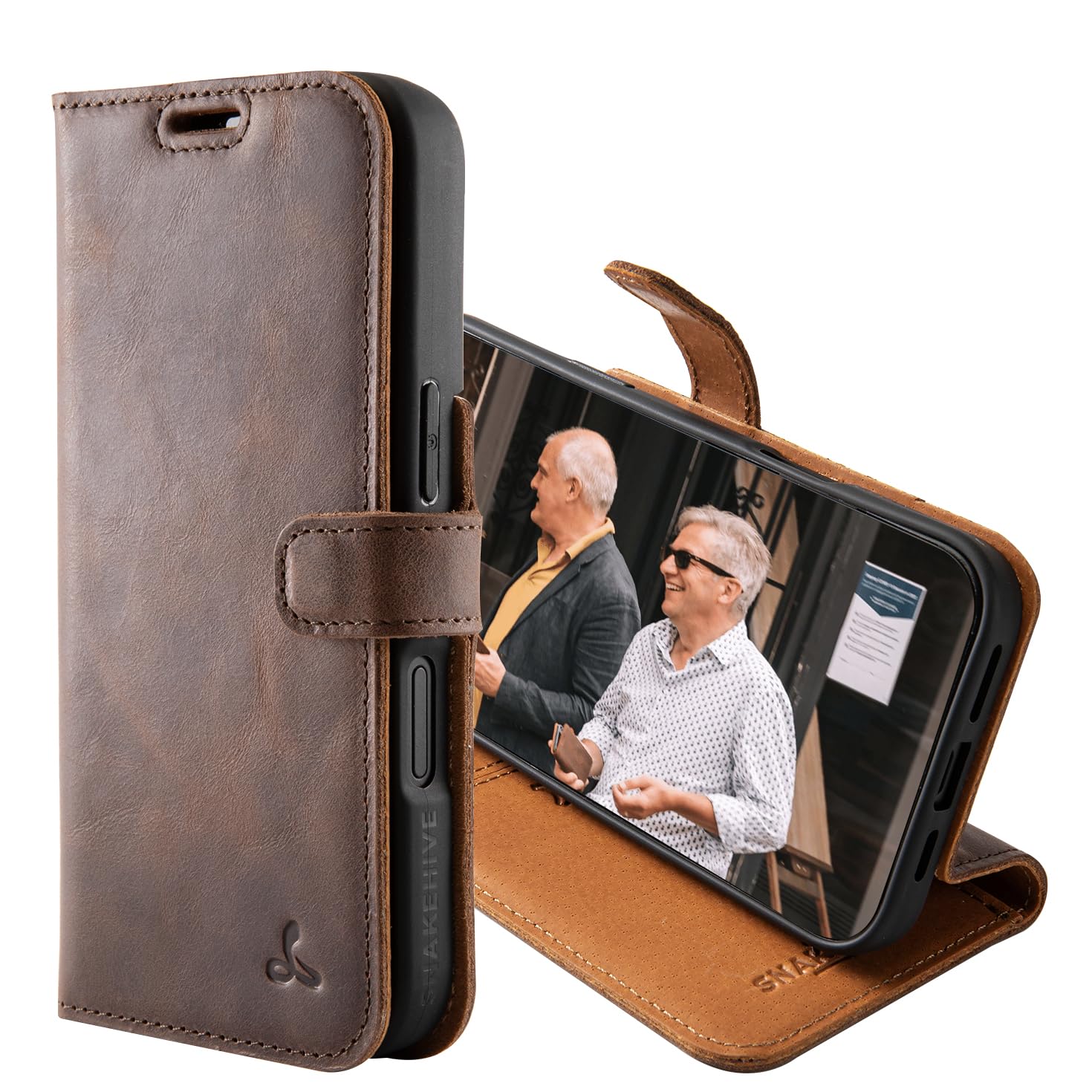 Snakehive Leather Wallet for iPhone 16 Pro, Real Leather Wallet Phone Case with Viewing Stand and Card Holder