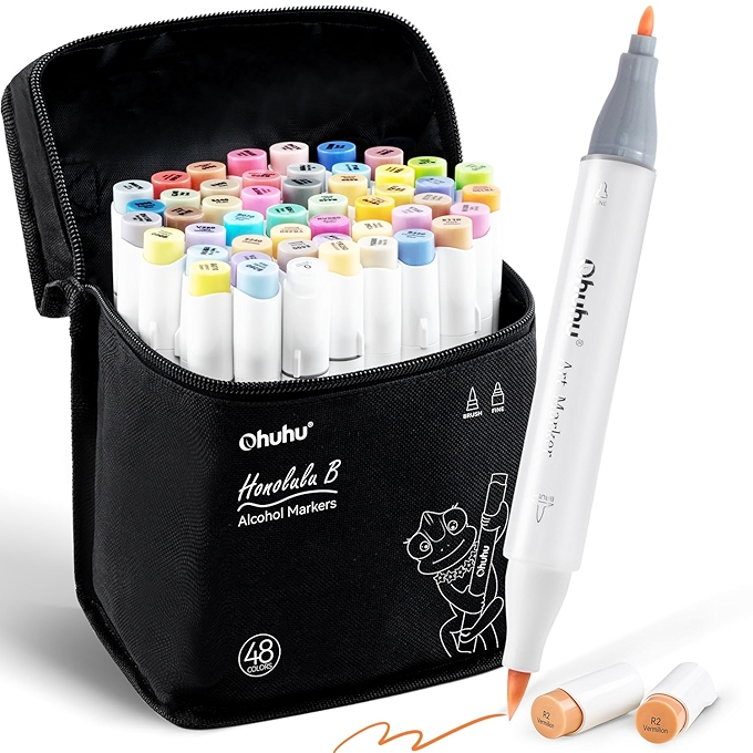 Ohuhu酒精彩色马克笔套装48色 双头油性艺术马克笔
