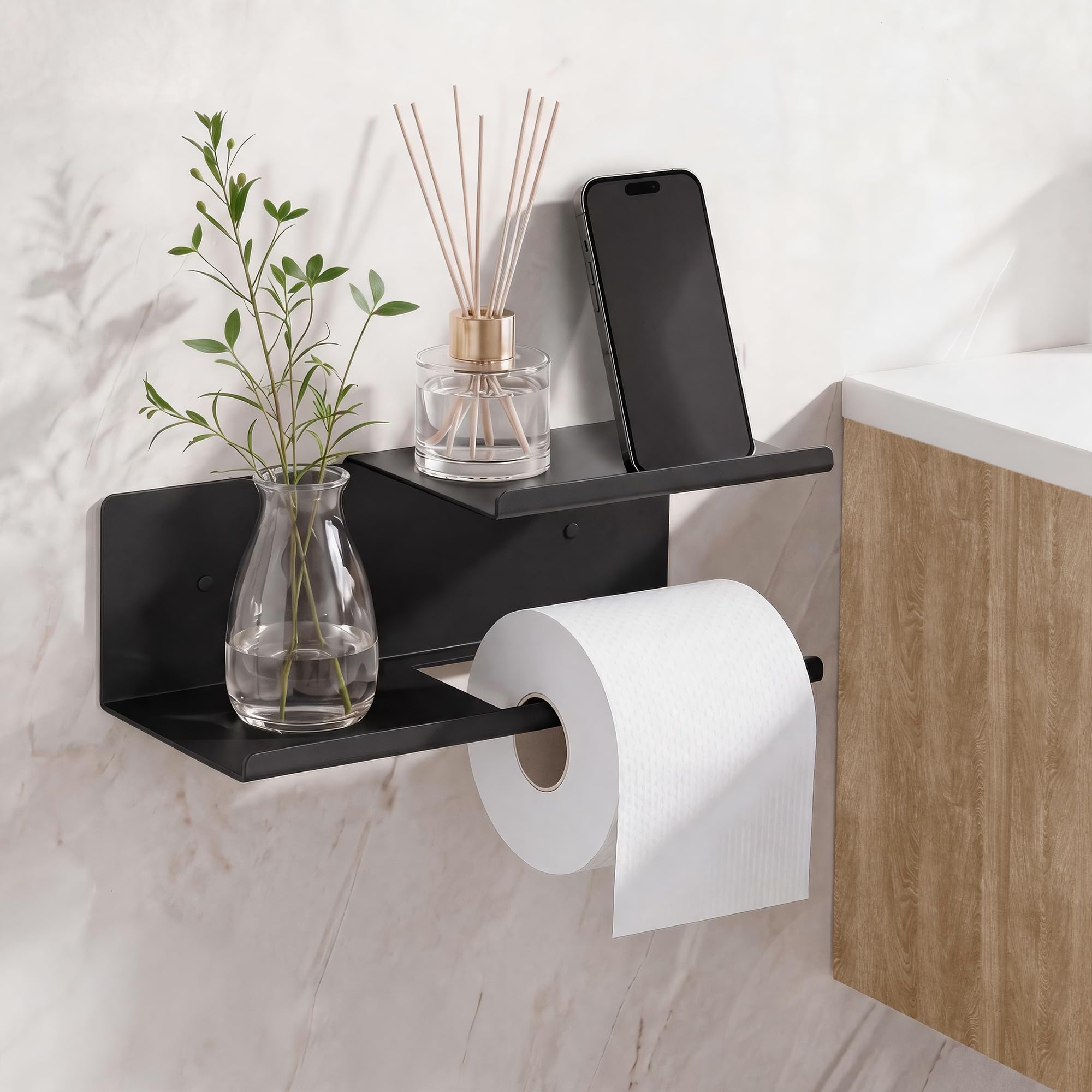 SAYAYO Adhesive Black Toilet Roll Holder with Shelf Wall Mounted