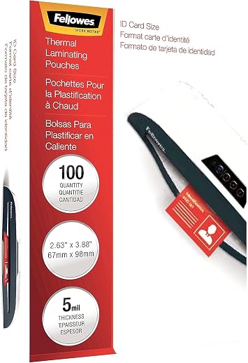 Fellowes Thermal Laminating Pouches, ID Tag Size Sheets, 5 Mil, 100pk