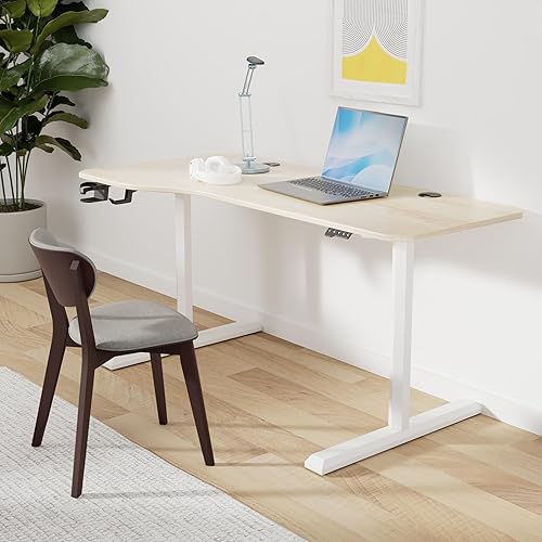 Miniatura 2 de FEZIBO Escritorio de pie en forma de L de 63 x 28 pulgadas, mesa de oficina eléctrica de altura ajustable, escritorio de pie para sentarse, parte