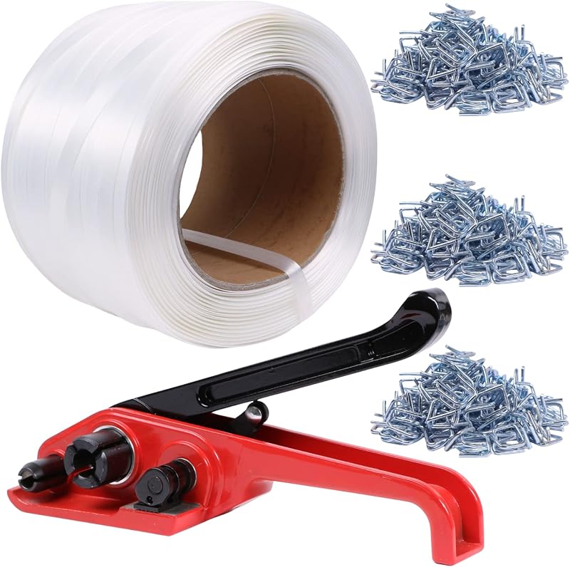 U.S. Solid Banding Strapping Kit Pallet Packaging Tool, 3/4" x 1640' Woven Cord, Polypropylene Composite Banding Coil, 300pcs Metal Buckles, Heavy Duty Tensioner Kit, 2000 lbs Break-Resistant Strength