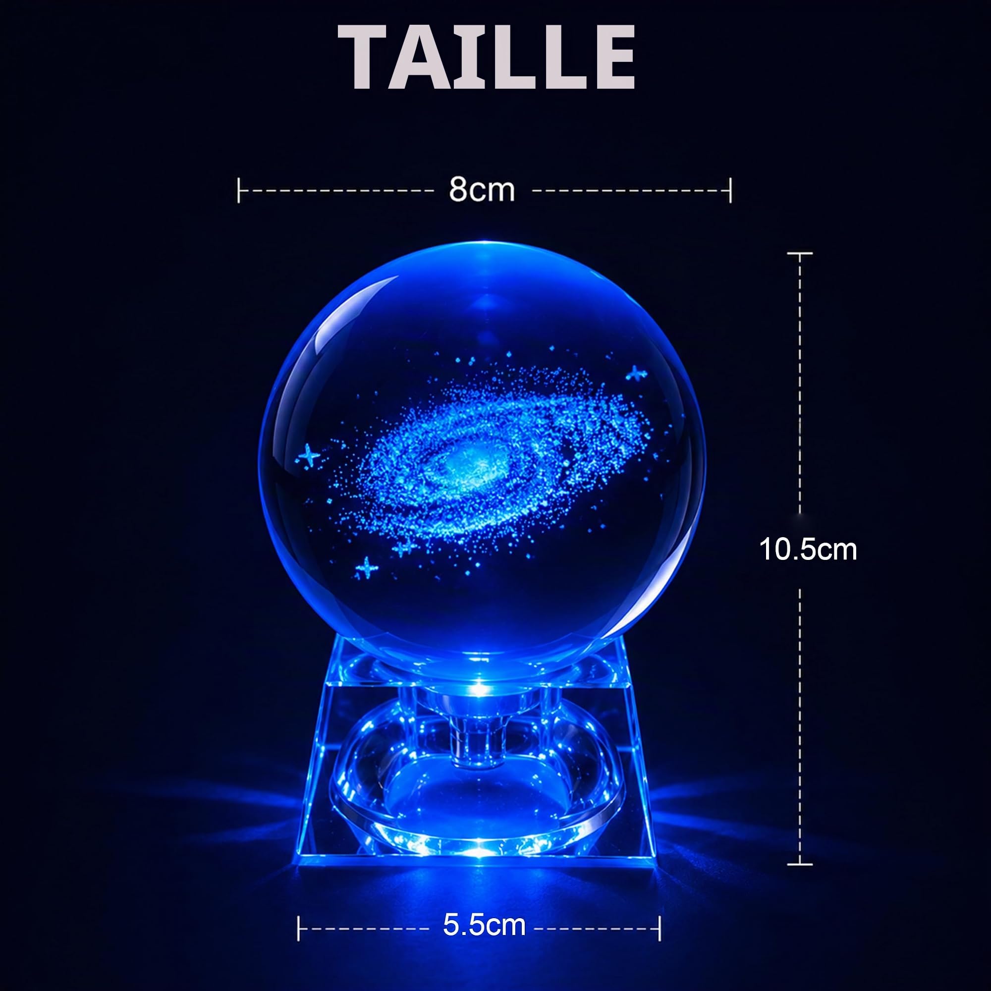 Boule de Cristal Galaxie 8 cm avec Socle LED, Sphère en Verre Gravure Laser 3D, Veilleuse Chambre Bébé et Enfant, Lampe Galaxy Décorative, Cadeau Anniversaire Noël pour Garçon et Fille