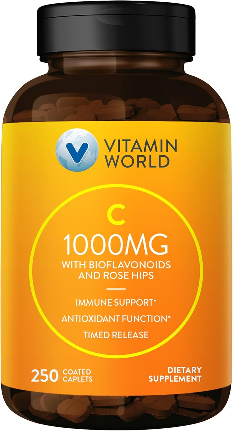 Vitamin World Vitamin C 1000 mg. Timed Release 250 Caplets, Bioflavonoids, Wild Rose HIPS, Vegetarian, Gluten Free