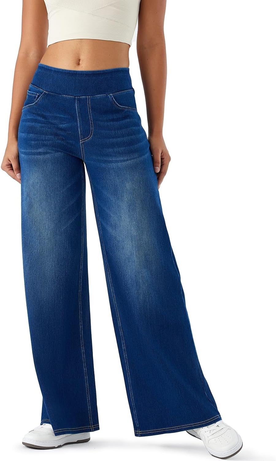 Women's High Rise Wide Leg Jeggings - Stretch Pull On Jeans-Style Pants, Soft Denim with Pockets