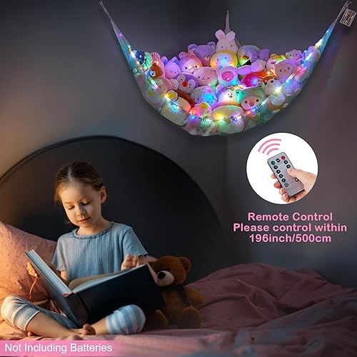 Vista 82 de Basumee Red de animales de peluche o hamaca con luz LED, hamaca de red de juguetes para almacenamiento de animales de peluche, hamacas para Azul