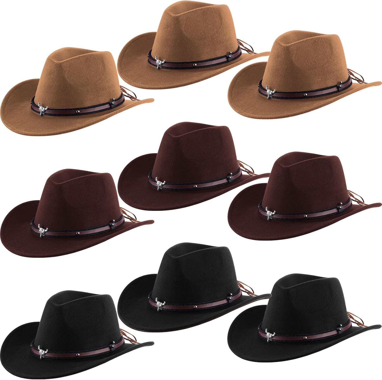 Toulite 9 Pcs Western Cowboy Hat Fur Faux Felt Hats Travel Cap with Strap for Men Women Cowgirl Party Cosplay Costume