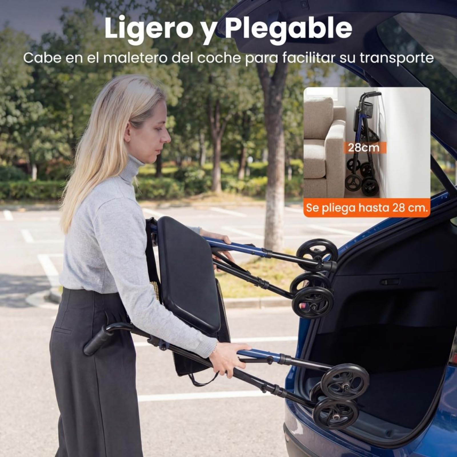 COSTWAY Andador para Ancianos Plegable, Andadores Adultos con Asiento, Asas Ajustables de 8 Niveles, Respaldo de Malla y Bolsa de Almacenamiento, Caminadores para Mayores con 4 Ruedas y Mangos