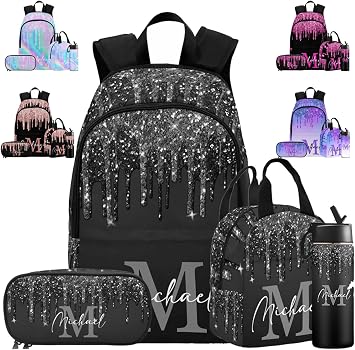 MyPupSocks Custom Name Backpack Bag for Boys Girls, Personalized Black Glitter Drip with Initial Schoolbag Casual Backpack Customized Bookbag or Lunch Bag for Kids Unisex Back School Camping Travel