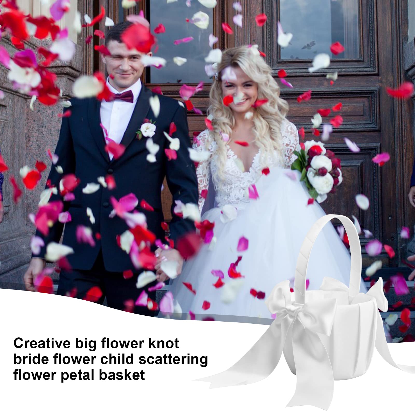 Cestino di Fiori in Raso per Matrimonio, Cestini da Sposa Fiore, Bianco Fiore Ragazza Cestino, Cestino Porta Petali con Bowknot, Grazioso Cestini da Spargere per Matrimonio
