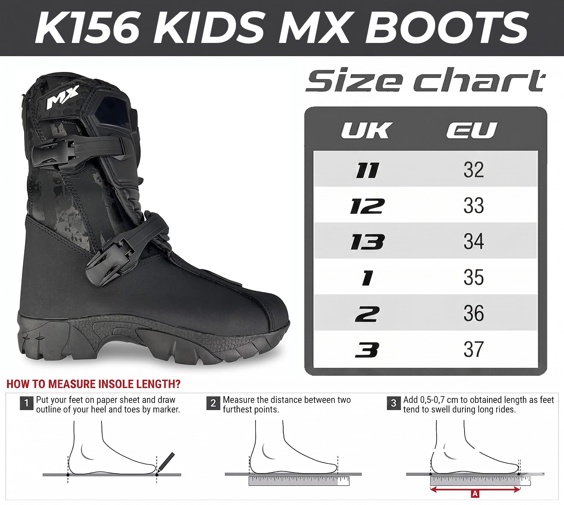 VPR Motocross-Stiefel für Kinder, CE-geprüft, MX-Enduro-Motorradstiefel mit Sohlenschutzausrüstung, rutschfest, Jugendquad, Dirt MX Boot, Schwarz , 32 EU