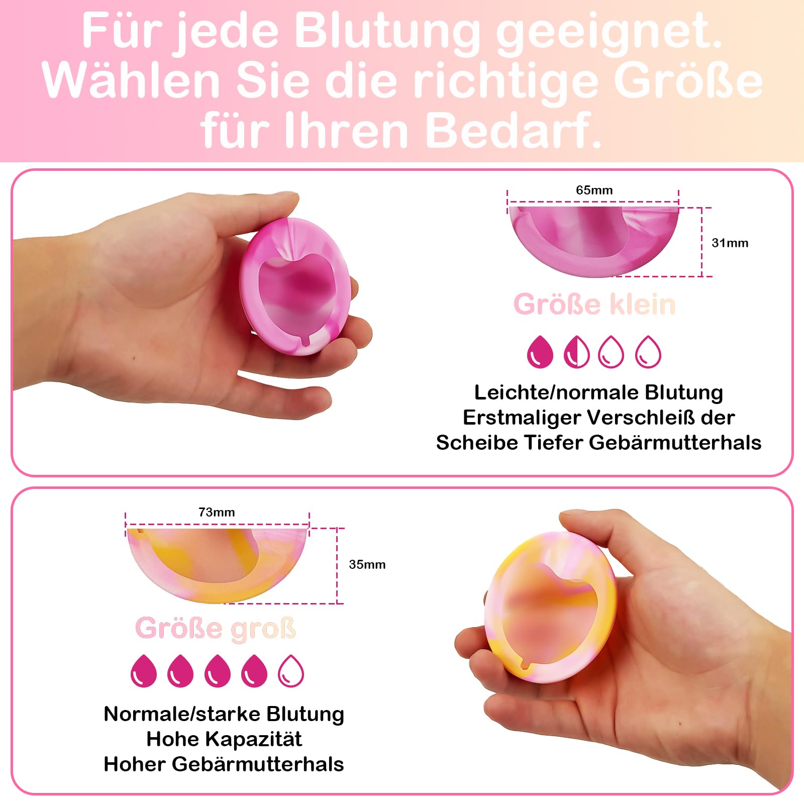 2 krążki menstruacyjne, krążki menstruacyjne wielokrotnego użytku, 100% silikon medyczny z kieszeniami do przechowywania, alternatywa dla tamponów dla aktywnych kobiet, sportu, pływania (S+L)
