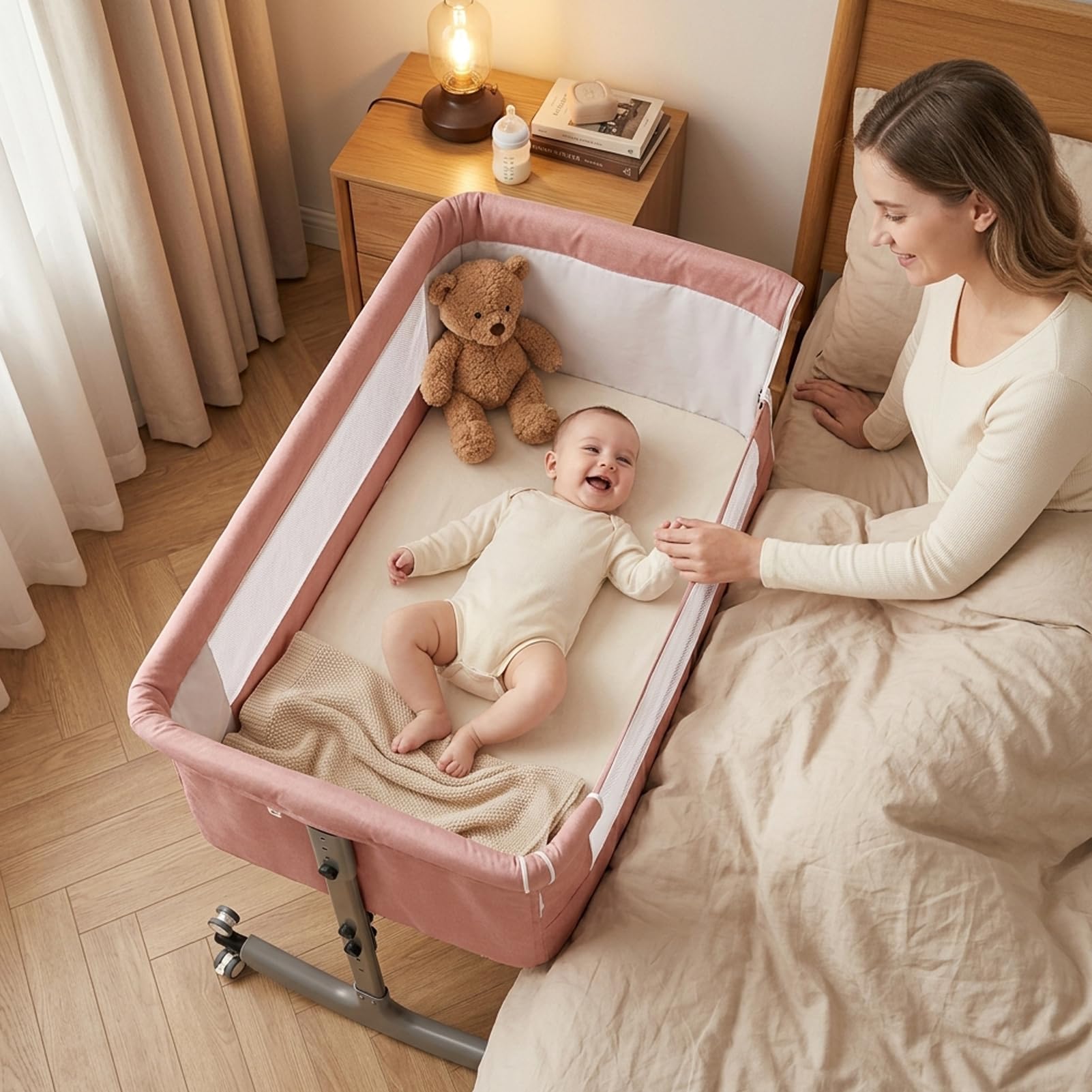 Lit bébé 4 en 1 Cododo réglable Hauteur Berceau Bascule avec Table à Langer Moustiquaire Rangement Rose