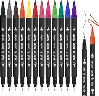 Beaface Dual Tip Colouring Pens Pack of 12, Dual Tip Brush Pens Felt Tip Pens Brush Fineliner Pens for Adults and Kids Painting Colouring Drawing Sketching
