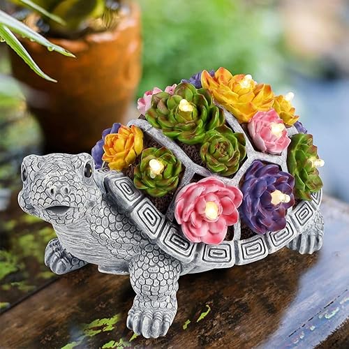 Miniatura 7 de FORUP Estatua de jardín de tortuga, figura de tortuga de resina, adornos de césped de jardín con luces LED solares para decoración de jardín al aire