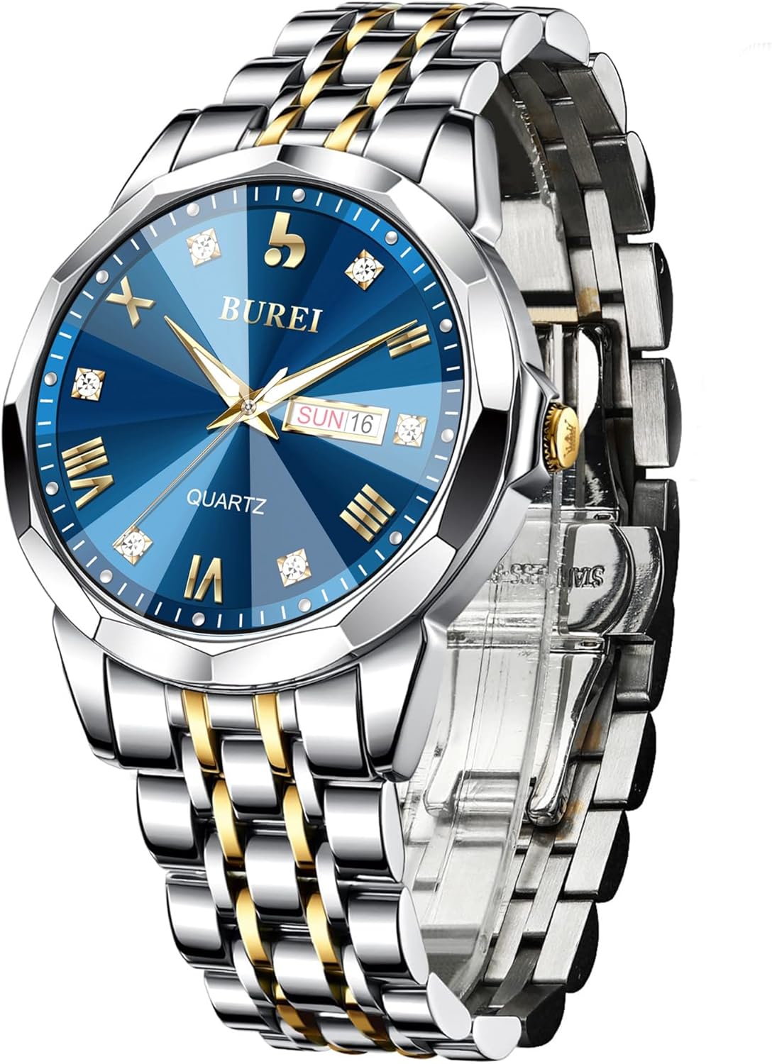 BUREI Men Watches Fashion Business Analog Quartz Stainless Steel Waterproof Watches for Men Diamond Luminous Date Dress Wrist Watch Luxury Casual Wrist Watch with Weeks, Men's Gifts（Silver Blue）