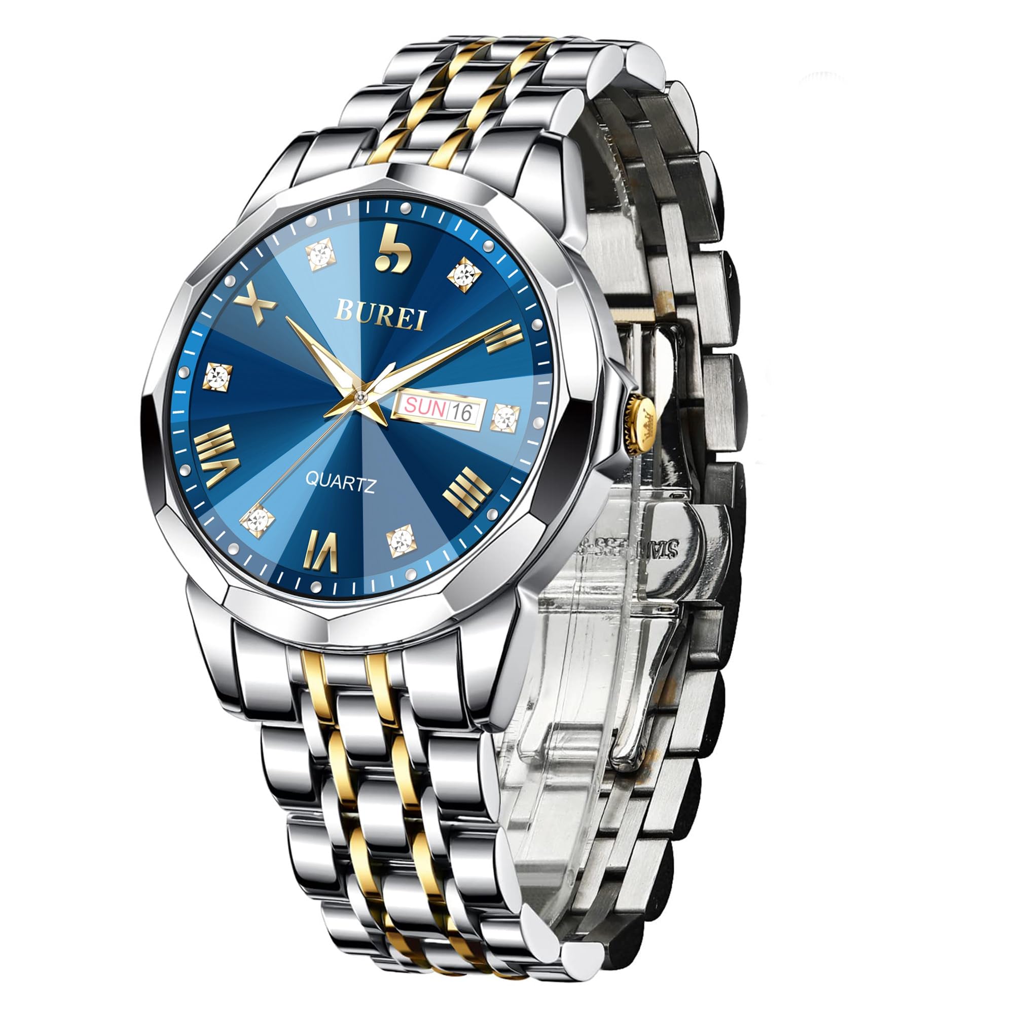 BUREI Herrenuhr Simulation Quarz Band Diamant Edelstahl Uhr Kalender Datum wasserdichte Luxus Business Freizeit Mode Uhr