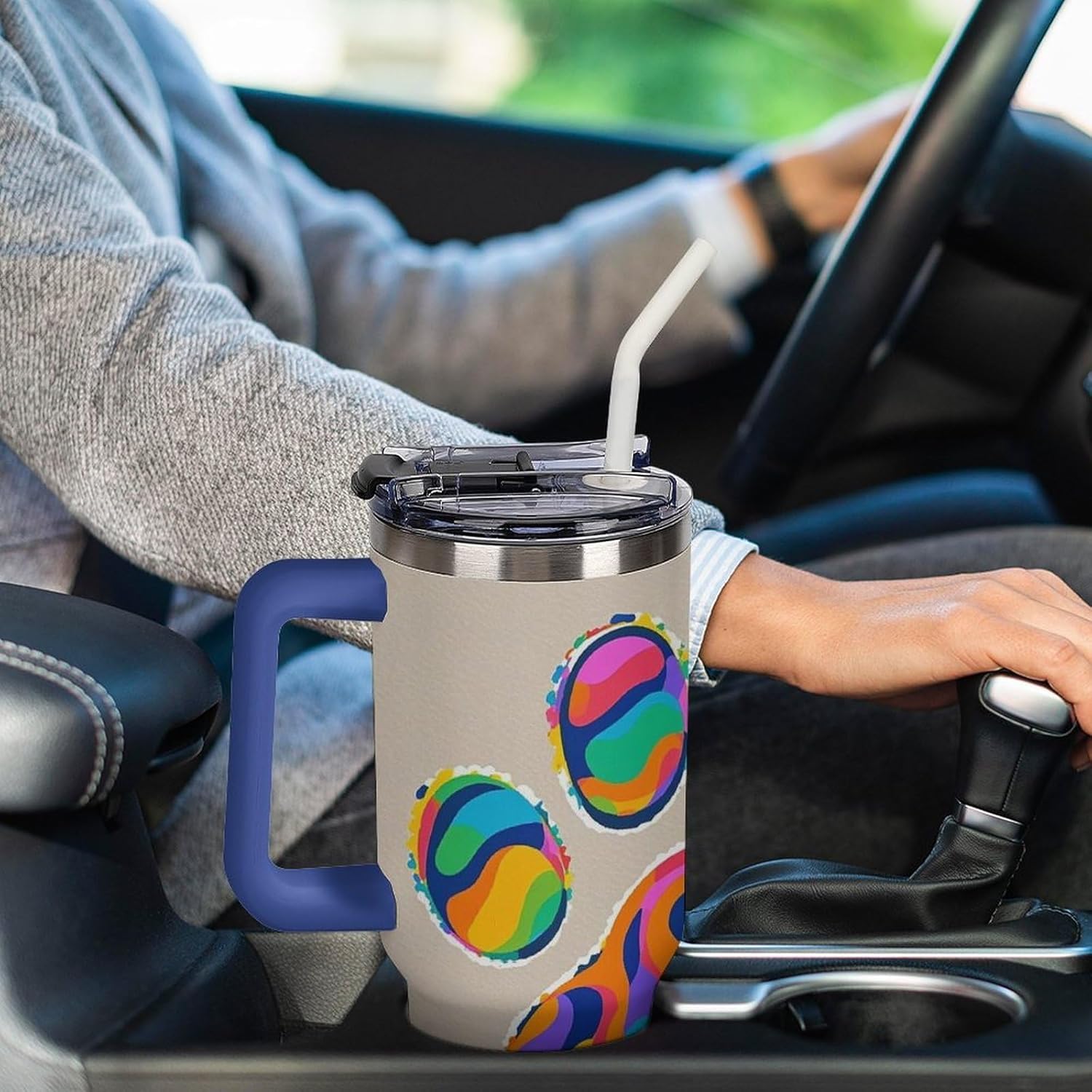 Colorful Dog Paw Print Travel Coffee Mug Reusable Durable Stainless Steel Insulated Tumbler with Handle And Straw Leak Resistant Portable Thermal Cup Gifts for Men Women 40 Oz