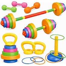 6-in-1 Kids Weight Set- Dumbbell, Barbell, Kettlebell, Ring. Kids Workout Exercise Adjustable Equipment Toy for Children Toddler Weight Gym Set Gift for Boy Girl