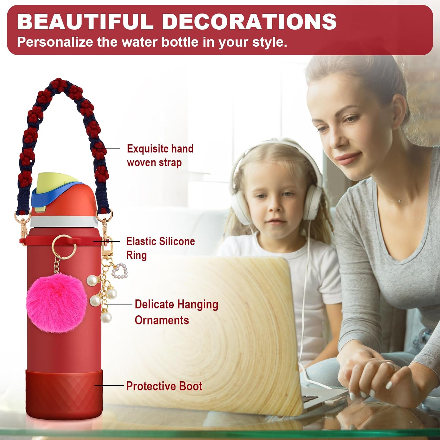 Silicone Boot Set Accessories for Owala Water Bottle 40 oz, Including Handle Strap Protective Sleeve Plush Ball Keychains for FreeSip, Twist, and Flip Stainless Steel Water Bottles(Dark Red) - Image 2