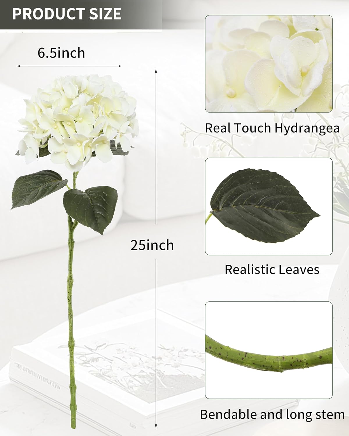 DuHouse 3Pcs White Hydrangea Artificial Flowers,Latex Real Touch Hydrangeas Faux Hydrangeas for Home Wedding Bouquets Centerpieces Party Living Room Decoration(Ivory White) - Image 7