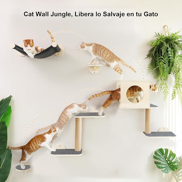 Foto 3 de 8 de FUKUMARU Estantes de pared para gatos, juego de muebles de pared de madera estable, 5 piezas