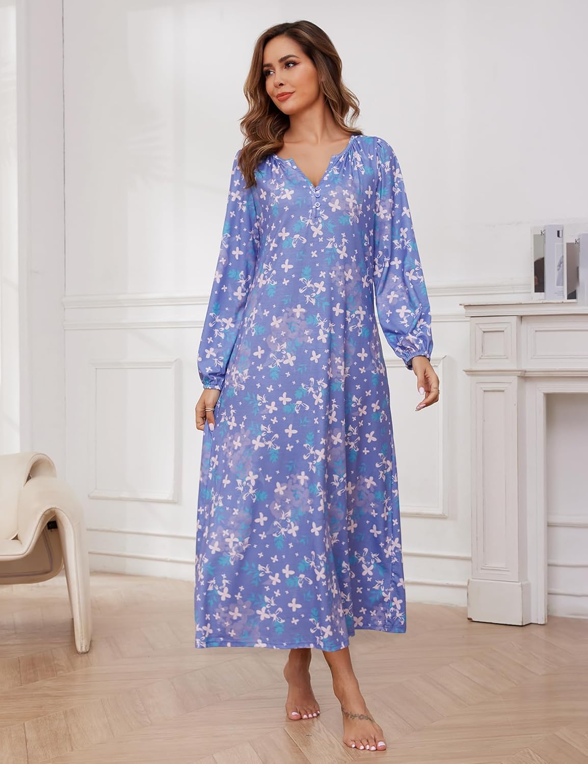 Marvmys Womens Long Sleeve Nightgown Soft Cotton Long Pajama Dress with Pockets Purple Floral S - Image 2