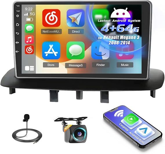 Inefala Android 15 Car Radio for Renault Megane 3 2008-2014 4+64G with Wireless CarPlay Android Car 9 Inch Screen Support FM RDS 32EQ GPS Bluetooth WiFi SWC AHD Reversing Camera