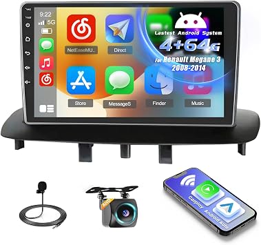 Inefala Android 15 Car Radio for Renault Megane 3 2008-2014 4+64G with Wireless CarPlay Android Car 9 Inch Screen Support FM RDS 32EQ GPS Bluetooth WiFi SWC AHD Reversing Camera