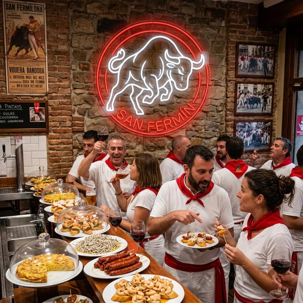 Cartel Neón LED metacrilato transparente San Fermín Encierro Pamplona 7 de Julio medida 75 cm de diámetro alimentación 12v