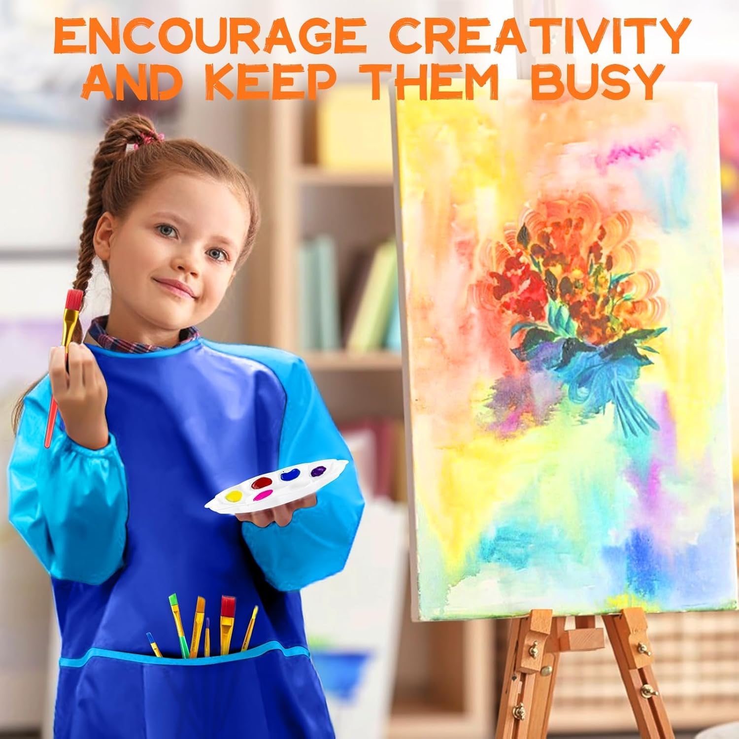 POPYOLA Acrylic Paint Set for Kids, Non Toxic Kids Painting Set with Tabletop Easel, Acrylic Paints, Smock, Canvases, Wooden Stencils, Brushes, Painting Kit Gift for Beginner Student Toddlers