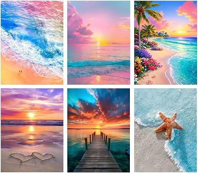 tigdtiu 6 Pack Landscape Diamond Art Kits for Adults, Beach Diamond Painting Kits for Adults Beginner, 5D Diamond Dots Gem Art Crafts with Tools, Home Wall Decor&Gift 12X16 inch