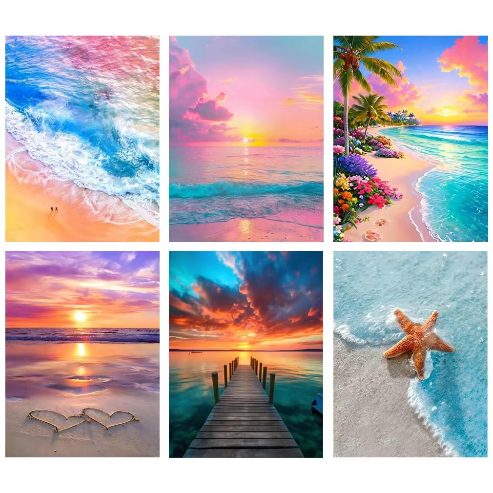 tigdtiu 6 Pack Landscape Diamond Art Kits for Adults, Beach Diamond Painting Kits for Adults Beginner, 5D Diamond Dots Gem Art Crafts with Tools, Home Wall Decor&Gift 12X16 inch