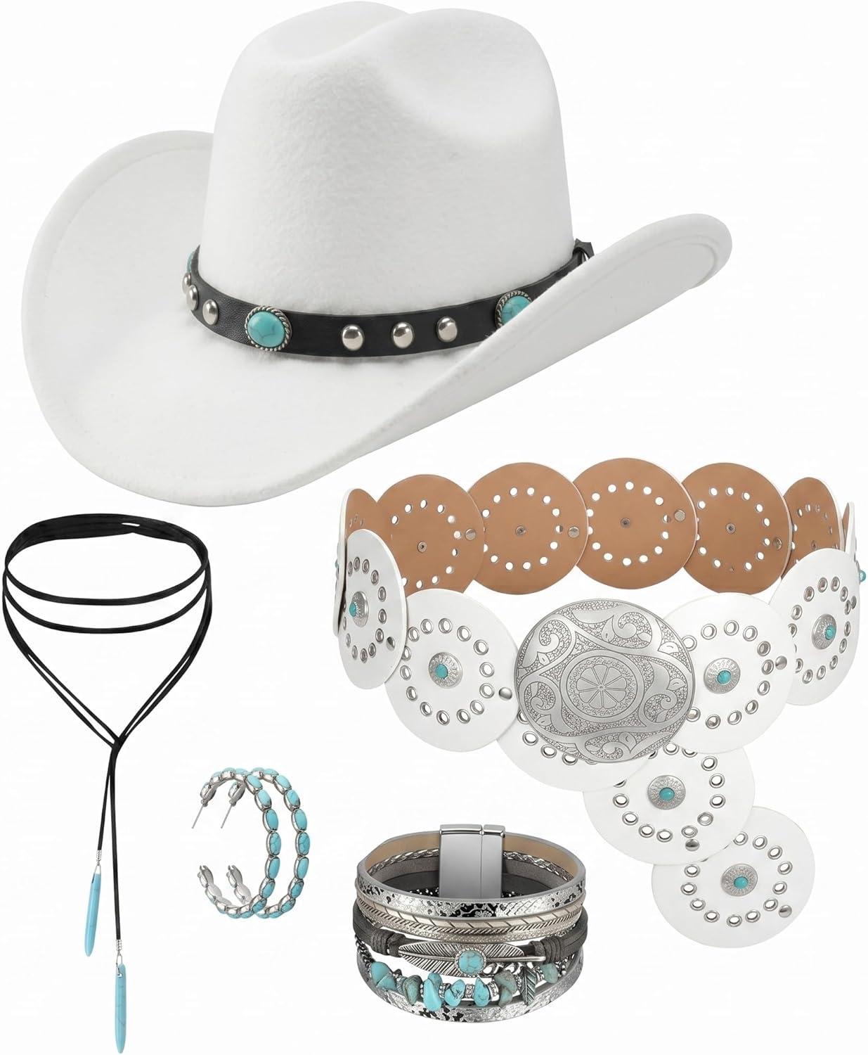 Cutecrop 5 Pcs Boho Jewelry Western Hat Set Cowboy Hat Western Belt Boho Pendant Choker Layered Bracelet Dangle Earrings